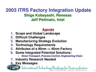 2003 ITRS Factory Integration Update Shige Kobayashi, Renesas Jeff Pettinato, Intel