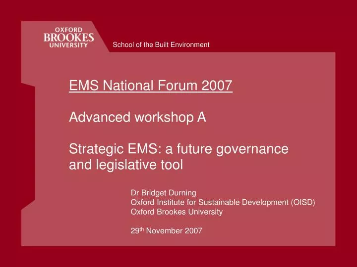 ems national forum 2007 advanced workshop a strategic ems a future governance and legislative tool