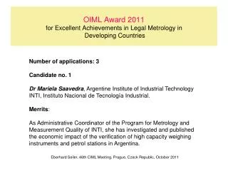 OIML Award 2011 for Excellent Achievements in Legal Metrology in Developing Countries