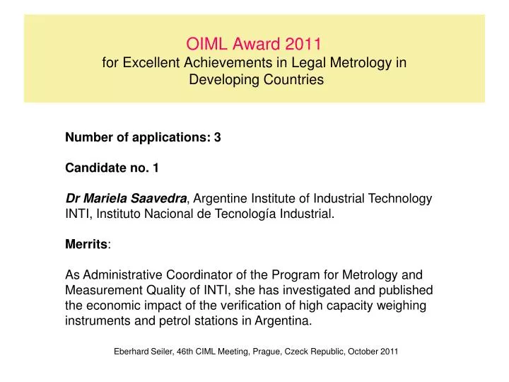 oiml award 2011 for excellent achievements in legal metrology in developing countries