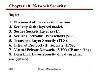 Chapter 10: Network Security Topics Placement of the security function.