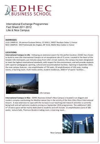 International Exchange Programmes Fact Sheet 2011-2012 Lille &amp; Nice Campus