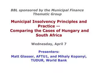 BBL sponsored by the Municipal Finance Thematic Group