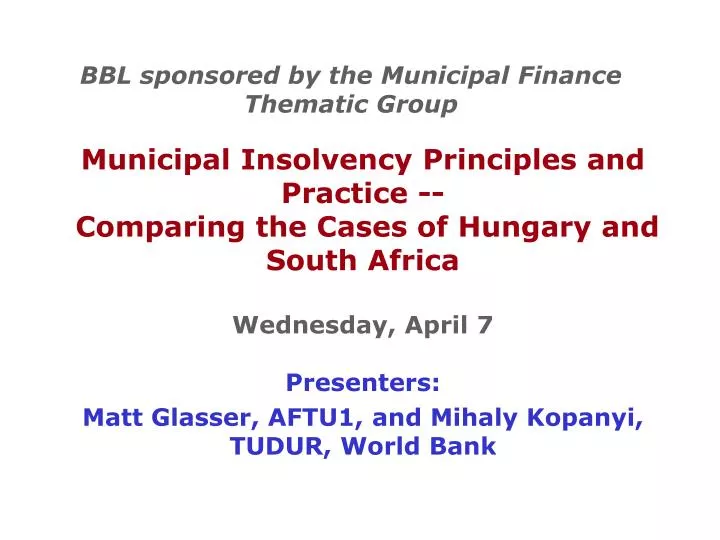 bbl sponsored by the municipal finance thematic group