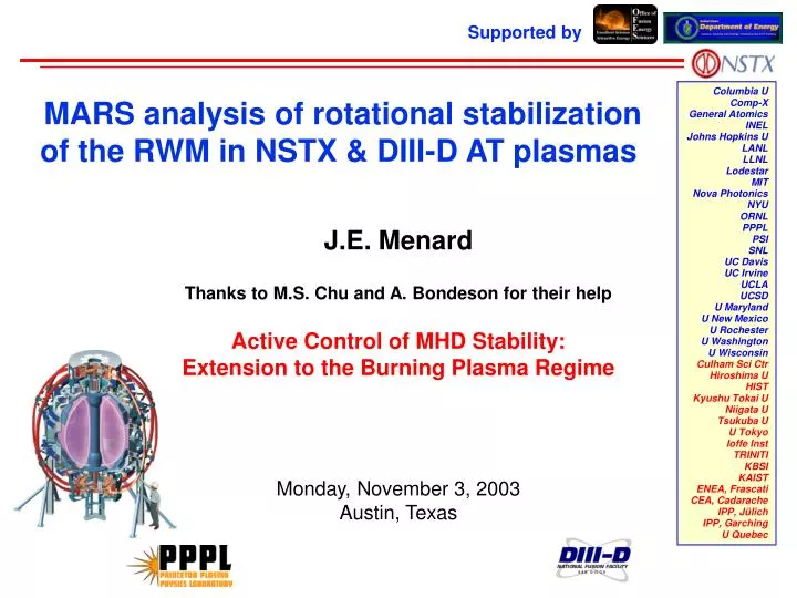 mars analysis of rotational stabilization of the rwm in nstx diii d at plasmas