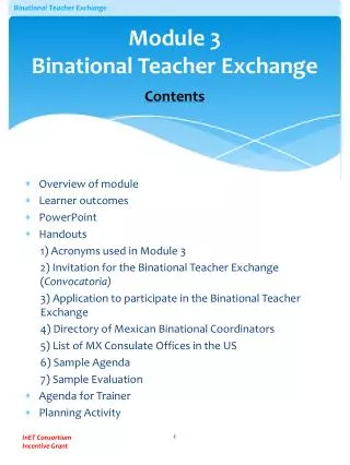 Module 3 Binational Teacher Exchange Contents
