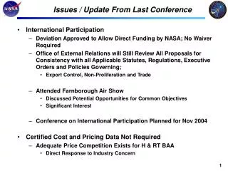 Issues / Update From Last Conference