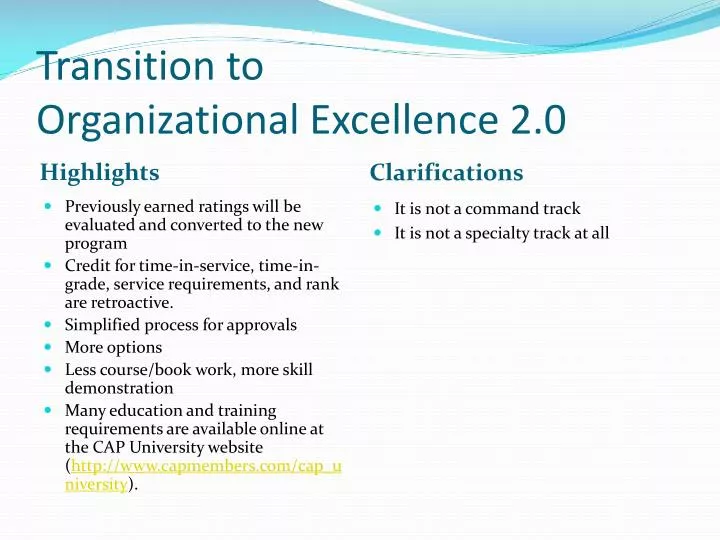transition to organizational excellence 2 0