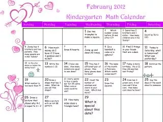 February 2012 Kindergarten Math Calendar