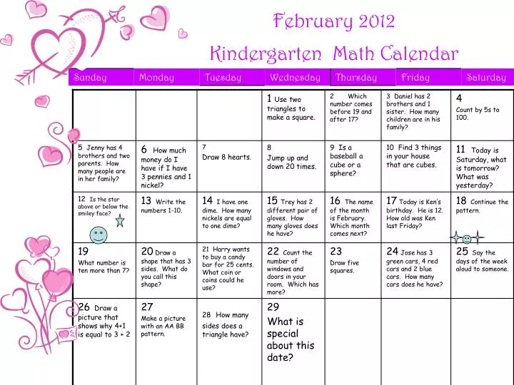 february 2012 kindergarten math calendar