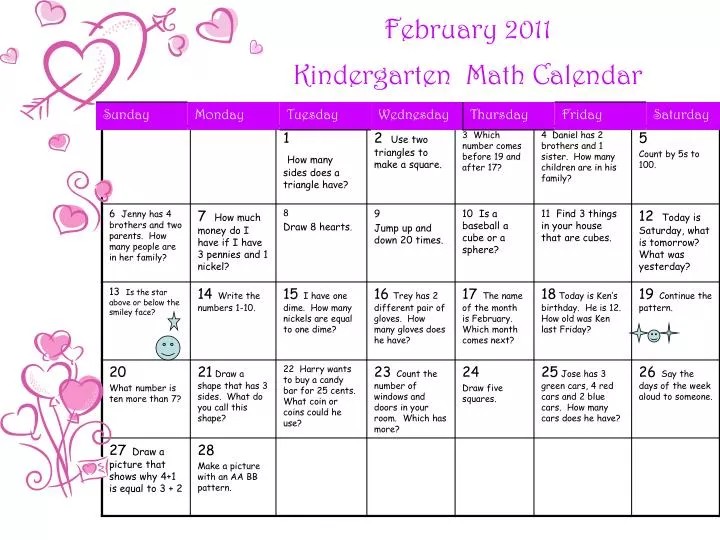 february 2011 kindergarten math calendar