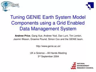 Tuning GENIE Earth System Model Components using a Grid Enabled Data Management System