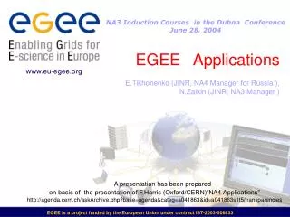 egee applications e tikhonenko jinr na4 manager for russia n zaikin jinr na3 manager