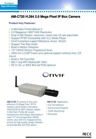 AM- C 720 H.264 2.0 Mega Pixel IP Box Camera