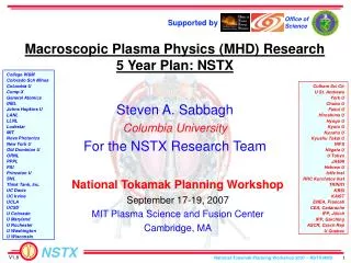 Macroscopic Plasma Physics (MHD) Research 5 Year Plan: NSTX