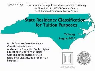 North Carolina State Residence Classification Manual: