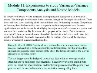Module 11: Experiments to study Variances-Variance Components Analysis and Nested Models