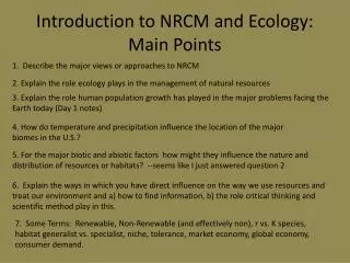 Introduction to NRCM and Ecology: Main Points