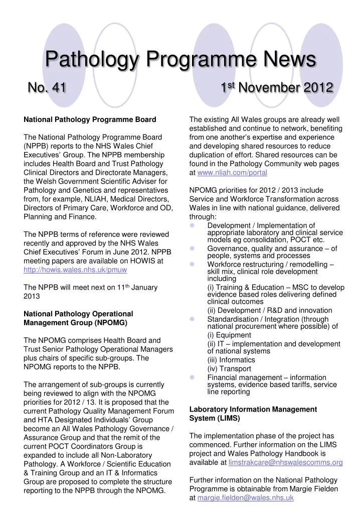 pathology programme news no 41 1 st november 2012