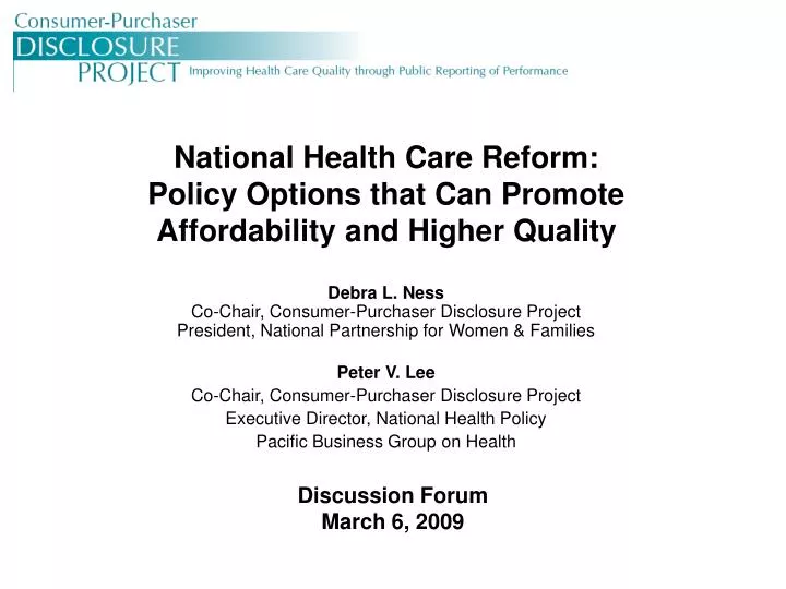 national health care reform policy options that can promote affordability and higher quality