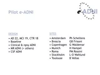 Pilot e-ADNI DESIGN AD 22, MCI 19, CTR 18 Baseline Clinical &amp; npsy ADNI MR ADNI (+ others)