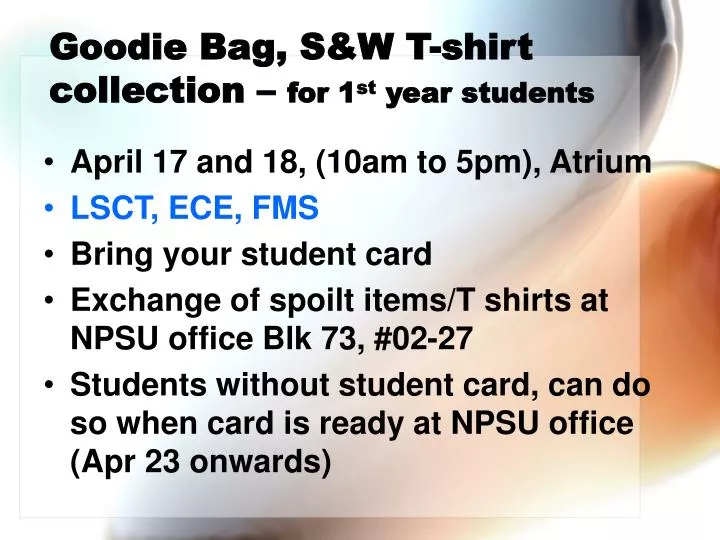 goodie bag s w t shirt collection for 1 st year students