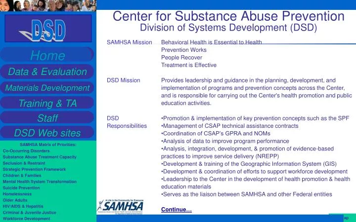 center for substance abuse prevention division of systems development dsd