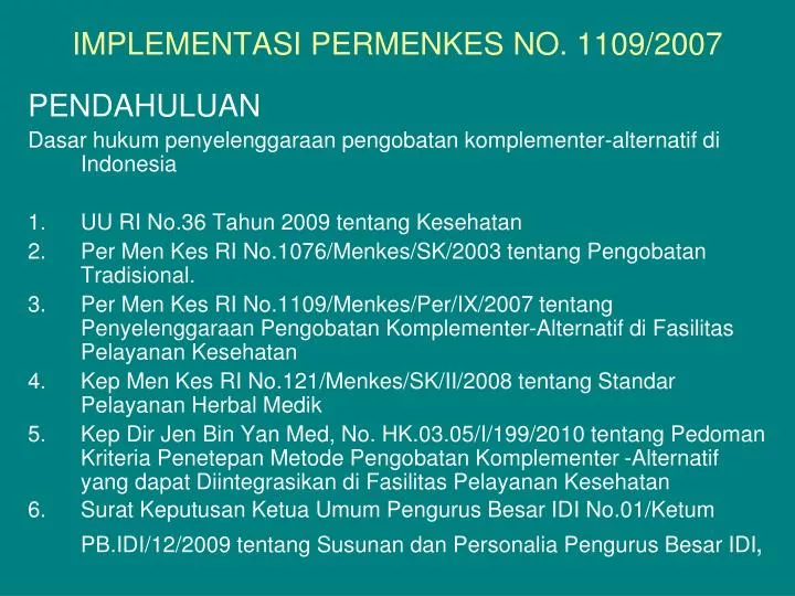 implementasi permenkes no 1109 2007