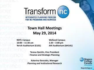 Town Hall Meetings May 29, 2014 NOTL Campus		Welland Campus