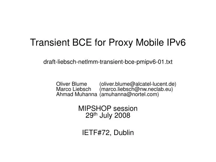 transient bce for proxy mobile ipv6 draft liebsch netlmm transient bce pmipv6 01 txt