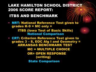 LAKE HAMILTON SCHOOL DISTRICT 2006 SCORE REPORT: ITBS AND BENCHMARK