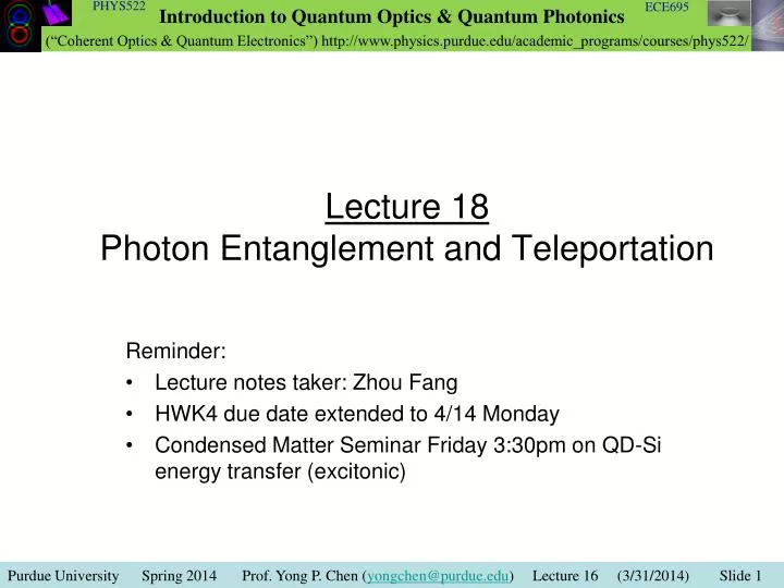 lecture 18 photon entanglement and teleportation