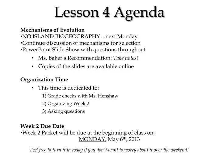 lesson 4 agenda