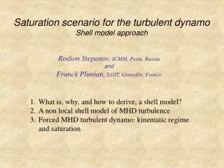 Saturation scenario for the turbulent dynamo Shell model approach