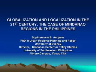 Sophremiano B. Antipolo PhD in Urban-Regional Planning and Policy University of Sydney