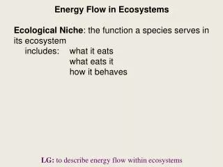 Energy Flow in Ecosystems Ecological Niche : the function a species serves in its ecosystem