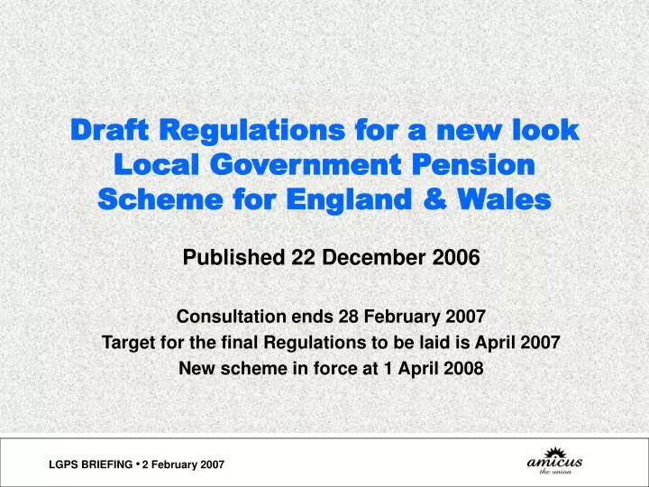 draft regulations for a new look local government pension scheme for england wales