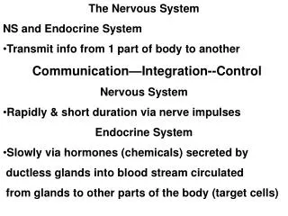 The Nervous System NS and Endocrine System Transmit info from 1 part of body to another