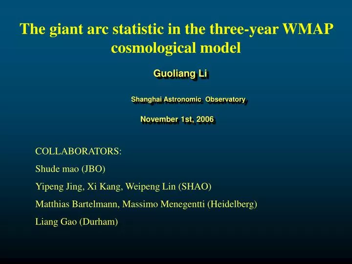 the g iant a rc statistic in the three year wmap cosmological model