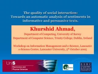 Khurshid Ahmad, Department of Computing, University of Surrey