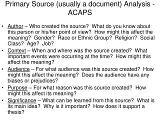 Primary Source (usually a document) Analysis - ACAPS