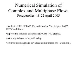 Numerical Simulation of Complex and Multiphase Flows Porquerolles, 18-22 April 2005