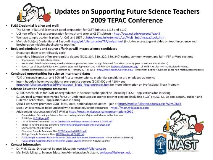 updates on supporting future science teachers 2009 tepac conference