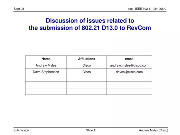 discussion of issues related to the submission of 802 21 d13 0 to revcom