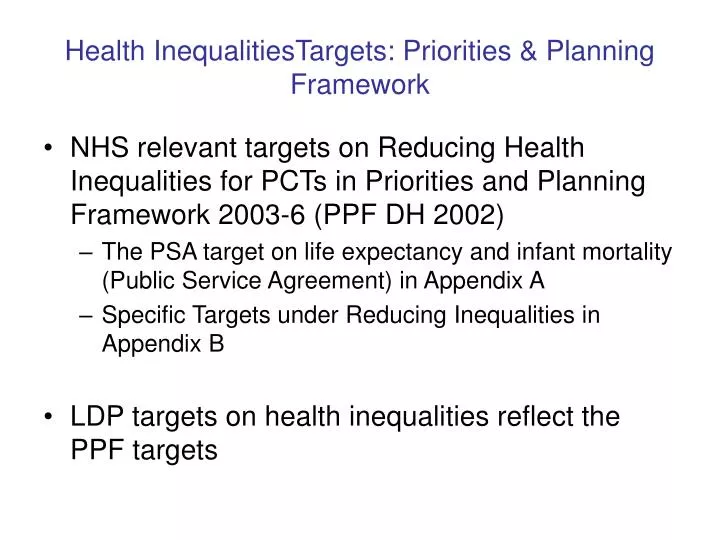health inequalitiestargets priorities planning framework