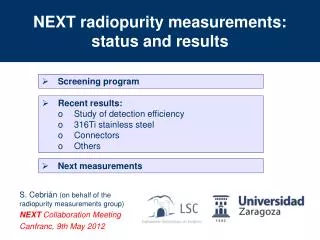 NEXT radiopurity measurements: status and results