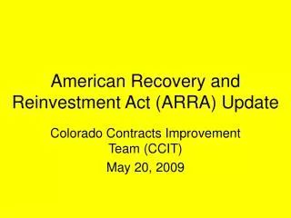 American Recovery and Reinvestment Act (ARRA) Update
