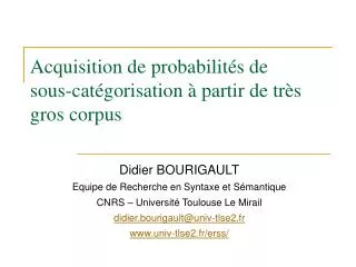 acquisition de probabilit s de sous cat gorisation partir de tr s gros corpus