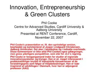 Innovation, Entrepreneurship &amp; Green Clusters