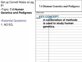 Set up Cornell Notes on pg. 81 Topic: 7.4 Human Genetics and Pedigrees Essential Questions :